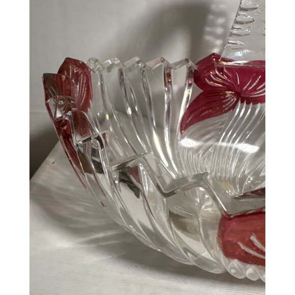 Vintage Glass Basket Clear Handle With Red Floral Accents & Textured Handle 6" - Picture 4 of 12